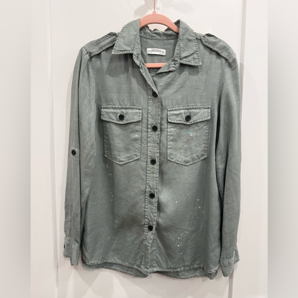 ZARA Women’s Green Lyocell Twill Button-Down Shirt | Size L